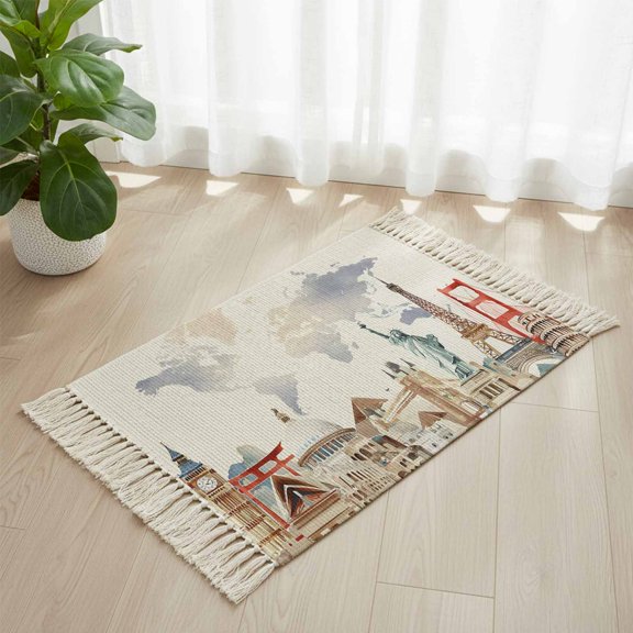 Area Rug with Tassels 2' x 3', Retro Maps of The World Tourism Kitchen Runner Rug for Hallway Bedroom Throw Rugs, Abstract Graffiti Texture Soft Door Mat for Bathroom Entrance Living Room