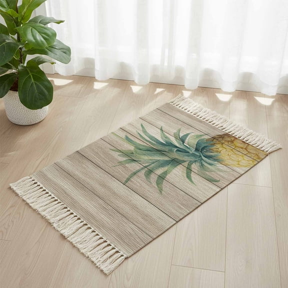 Area Rug with Tassels 2' x 3', Retro Pineapple On Wooden Boards Kitchen Runner Rug for Hallway Bedroom Throw Rugs, Summer Fruit Soft Door Mat for Bathroom Entrance Living Room