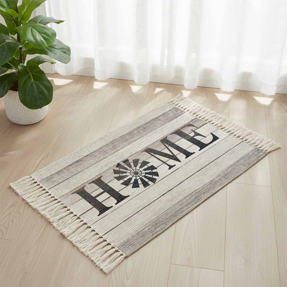 Area Rug with Tassels 2' x 3', Rustic Farm Windmill HOME Quotes Kitchen Runner Rug for Hallway Bedroom Throw Rugs, Chic Wooden Plank Soft Door Mat for Bathroom Entrance Living Room