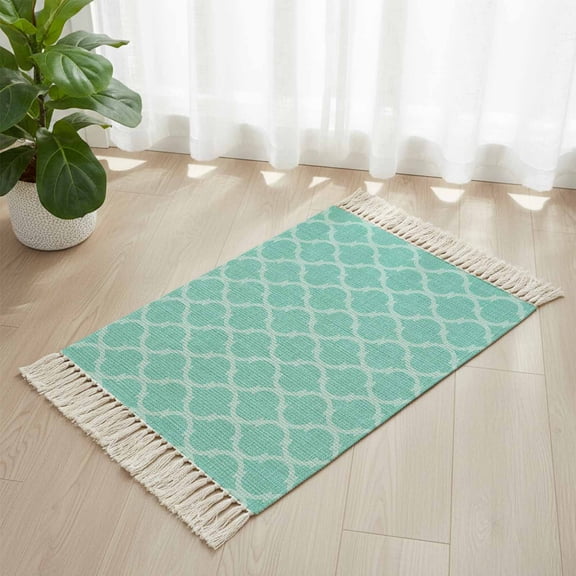 Area Rug with Tassels 2' x 3', Rustic Teal Retro Linen Kitchen Runner Rug for Hallway Bedroom Throw Rugs, Moroccan Texture Ethnic Style Soft Door Mat for Bathroom Entrance Living Room