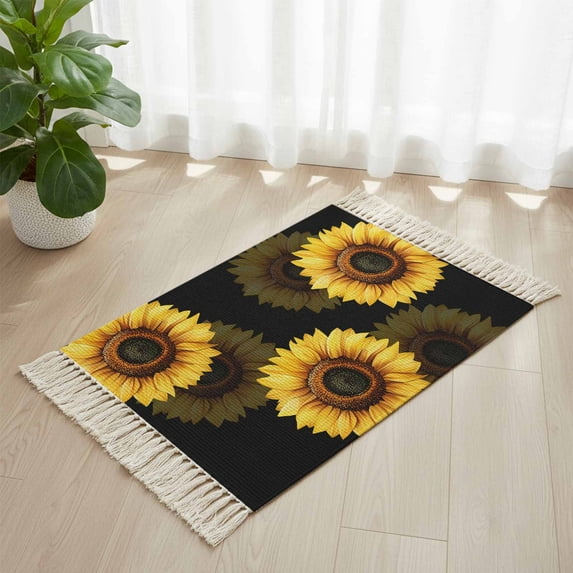 Area Rug with Tassels 2' x 3', Rustic Watercolor Sunflower on Black Kitchen Runner Rug for Hallway Bedroom Throw Rugs, Farmhouse Floral Art Soft Door Mat for Bathroom Entrance Living Room