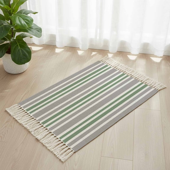 Area Rug with Tassels 2' x 3', Sage Green Grey Horizontal Stripes Kitchen Runner Rug for Hallway Bedroom Throw Rugs, Monochromatic Tones Line Soft Door Mat for Bathroom Entrance Living Room