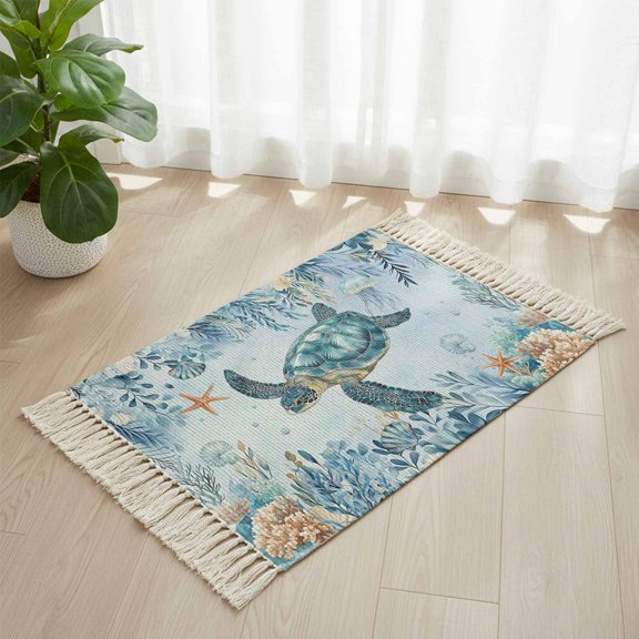 Area Rug with Tassels 2' x 3', Sea Turtle Coral Seaweed Kitchen Runner Rug for Hallway Bedroom Throw Rugs, Blue Underwater World Soft Door Mat for Bathroom Entrance Living Room