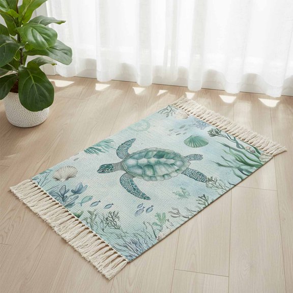 Area Rug with Tassels 2' x 3', Sea turtle Ocean Shell Coral Kitchen Runner Rug for Hallway Bedroom Throw Rugs, Summer Underwater World Soft Door Mat for Bathroom Entrance Living Room