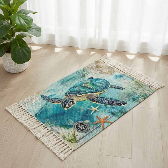 Area Rug with Tassels 2' x 3', Sea ​​turtle Starfish Compass Kitchen Runner Rug for Hallway Bedroom Throw Rugs, Blue Ocean World Soft Door Mat for Bathroom Entrance Living Room