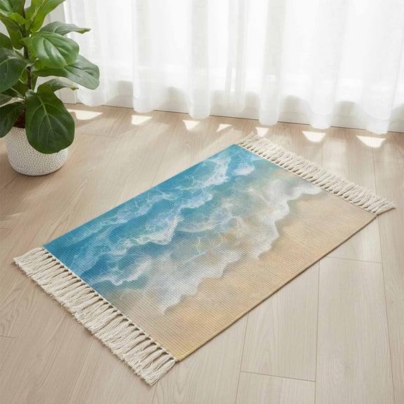 Area Rug with Tassels 2' x 3', Seaside Beach Blue Waves Kitchen Runner Rug for Hallway Bedroom Throw Rugs, Summer Ocean Nautical Theme Soft Door Mat for Bathroom Entrance Living Room