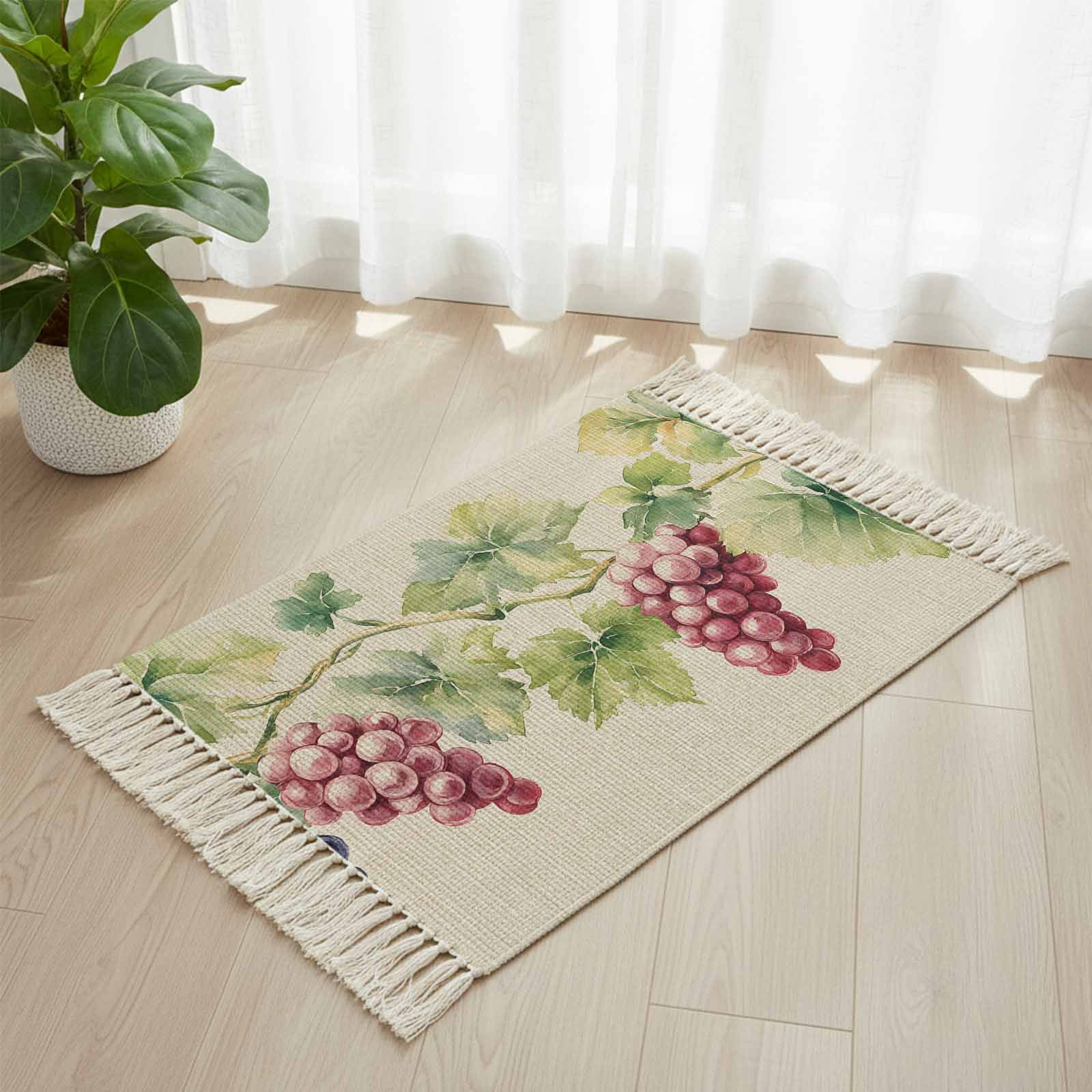 Area Rug with Tassels 2' x 3', Spring Watercolor Grape Leaves Kitchen ...