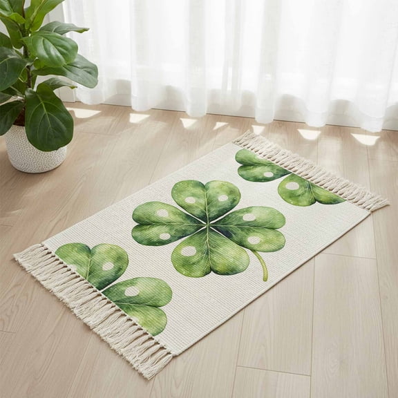 Area Rug with Tassels 2' x 3', St Patrick's Day Clovers Lucky Leaf Kitchen Runner Rug for Hallway Bedroom Throw Rugs, Green Irish Shamrock Soft Door Mat for Bathroom Entrance Living Room