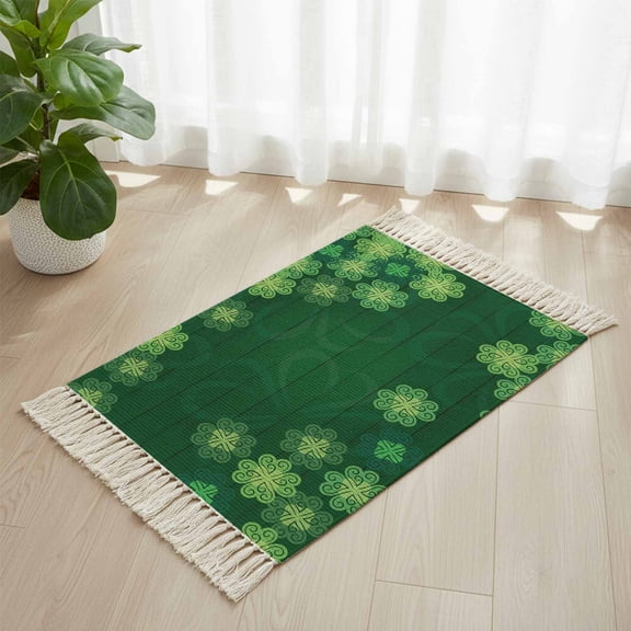 Area Rug with Tassels 2' x 3', St.Patrick's Day Shamrock Kitchen Runner Rug for Hallway Bedroom Throw Rugs, Farmhouse Green Wood Grain Soft Door Mat for Bathroom Entrance Living Room