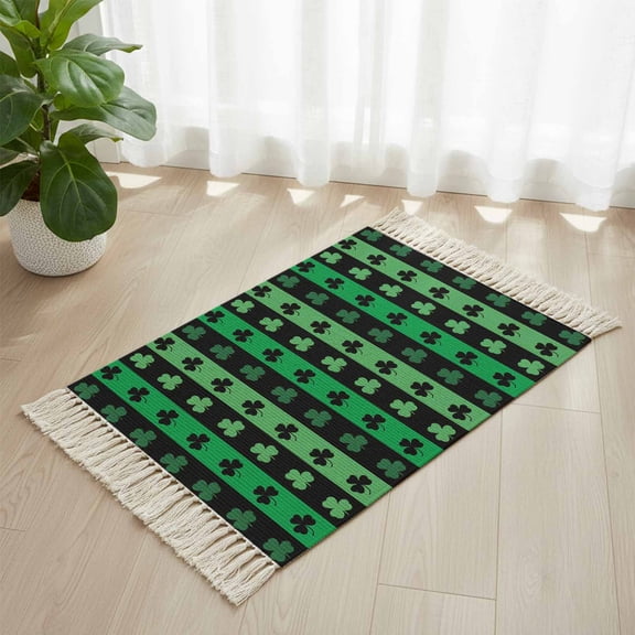 Area Rug with Tassels 2' x 3', St. Patrick's Day Shamrock Kitchen Runner Rug for Hallway Bedroom Throw Rugs, Green Black Stripe Theme Soft Door Mat for Bathroom Entrance Living Room