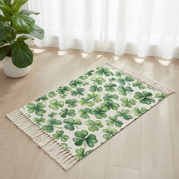 Area Rug with Tassels 2' x 3', St. Patrick's Day Shamrock Kitchen Runner Rug for Hallway Bedroom Throw Rugs, Spring Ombre Green Leaves Soft Door Mat for Bathroom Entrance Living Room