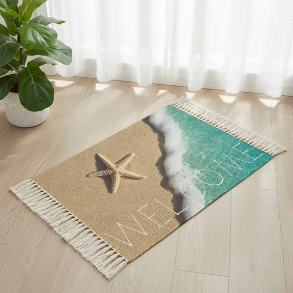 Area Rug with Tassels 2' x 3', Summer Beach Starfish Teal Seawater Kitchen Runner Rug for Hallway Bedroom Throw Rugs, Seaside Sand Welcome Quote Soft Door Mat for Bathroom Entrance Living Room