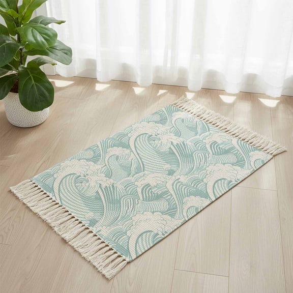 Area Rug with Tassels 2' x 3', Summer Coastal Abstract Waves Kitchen Runner Rug for Hallway Bedroom Throw Rugs, Modern Minimalist Wavy Soft Door Mat for Bathroom Entrance Living Room