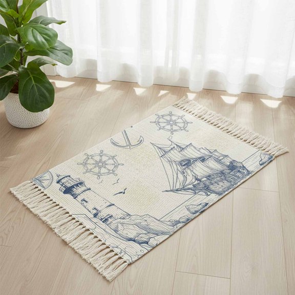 Area Rug with Tassels 2' x 3', Summer Coastal Retro Lighthouse Kitchen Runner Rug for Hallway Bedroom Throw Rugs, Sailboat Compass Anchor Soft Door Mat for Bathroom Entrance Living Room
