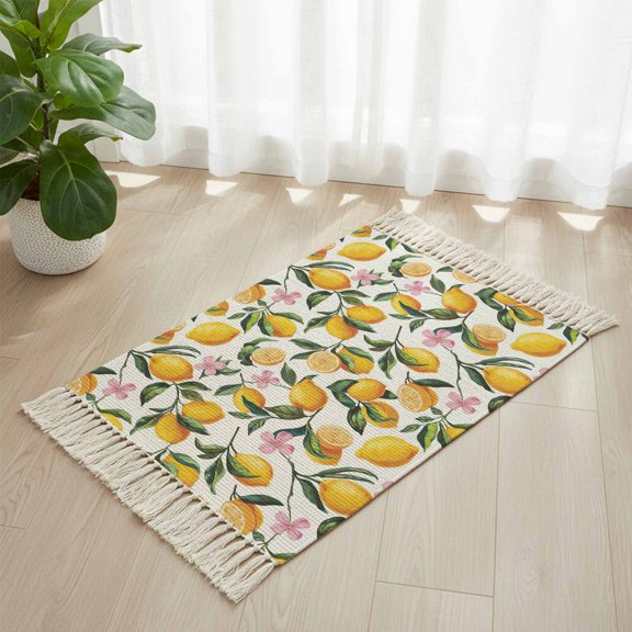 Area Rug with Tassels 2' x 3', Summer Lemon Floral Seamless Kitchen Runner Rug for Hallway Bedroom Throw Rugs, Yellow on White Soft Door Mat for Bathroom Entrance Living Room