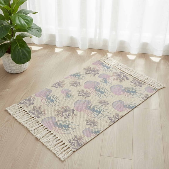 Area Rug with Tassels 2' x 3', Summer Ocean Pink Jellyfish Kitchen Runner Rug for Hallway Bedroom Throw Rugs, Nautical Coral Retro Linen Soft Door Mat for Bathroom Entrance Living Room