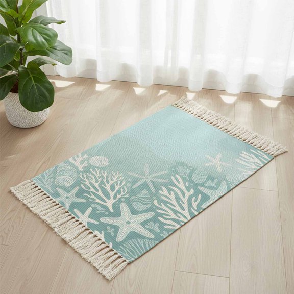 Area Rug with Tassels 2' x 3', Summer Ocean Starfish Coral Kitchen Runner Rug for Hallway Bedroom Throw Rugs, Ombre Mint Green Shell Conch Soft Door Mat for Bathroom Entrance Living Room