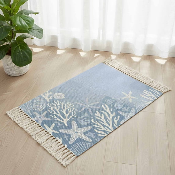 Area Rug with Tassels 2' x 3', Summer Ocean Starfish Coral Kitchen Runner Rug for Hallway Bedroom Throw Rugs, Watercolor Blue Shell Conch Soft Door Mat for Bathroom Entrance Living Room