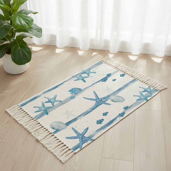 Area Rug with Tassels 2' x 3', Summer Ocean Starfish Shell Fish Kitchen Runner Rug for Hallway Bedroom Throw Rugs, Watercolor Blue Stripes Soft Door Mat for Bathroom Entrance Living Room