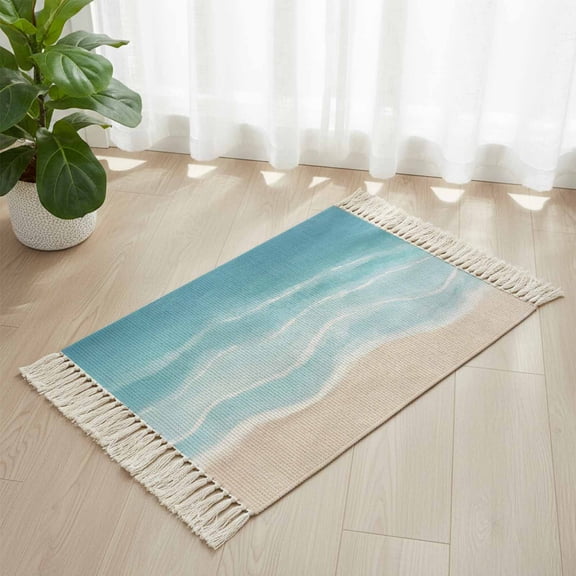 Area Rug with Tassels 2' x 3', Summer Ocean Wave Kitchen Runner Rug for Hallway Bedroom Throw Rugs, Seaside Blue Gradient Stripe Soft Door Mat for Bathroom Entrance Living Room