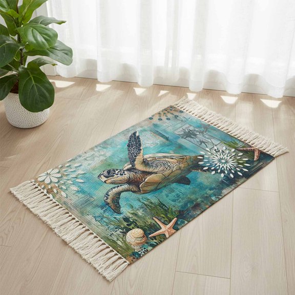 Area Rug with Tassels 2' x 3', Summer Sea Turtle Underwater World Starfish Kitchen Runner Rug for Hallway Bedroom Throw Rugs, Coral Blue Ocean Soft Door Mat for Bathroom Entrance Living Room