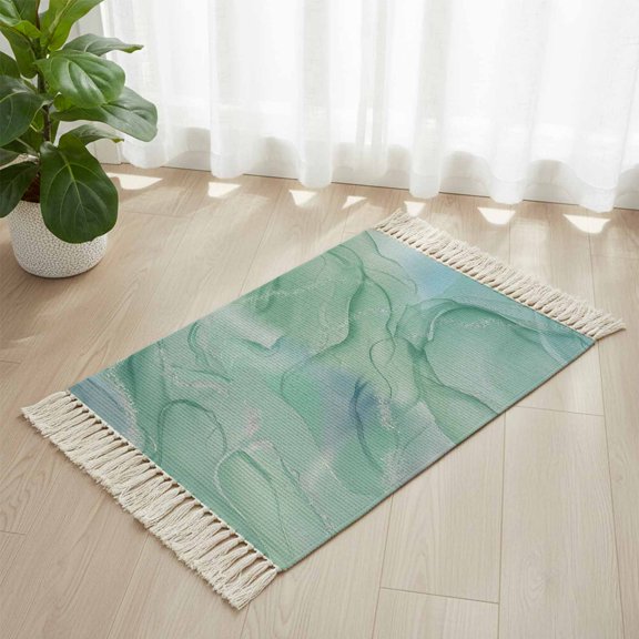 Area Rug with Tassels 2' x 3', Teal Abstract Marble Texture Kitchen Runner Rug for Hallway Bedroom Throw Rugs, Nature Stone Agate Soft Door Mat for Bathroom Entrance Living Room