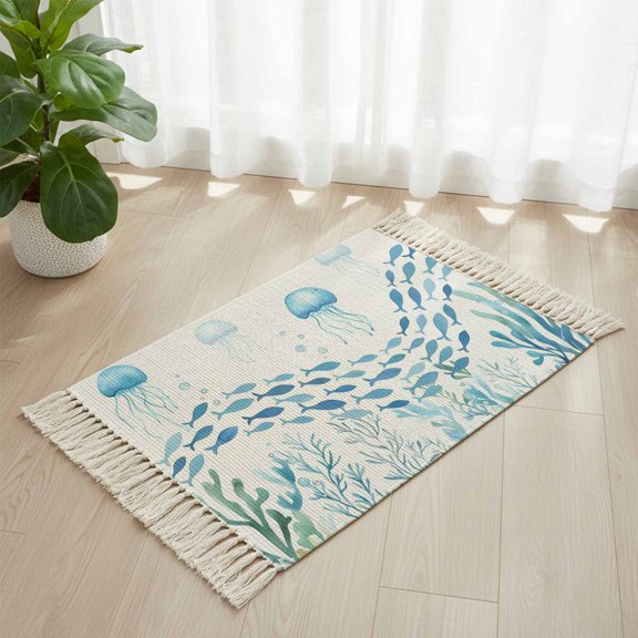 Area Rug with Tassels 2' x 3', Underwater Life Octopus Fish Seaweed Kitchen Runner Rug for Hallway Bedroom Throw Rugs, Marine Theme Coral Soft Door Mat for Bathroom Entrance Living Room