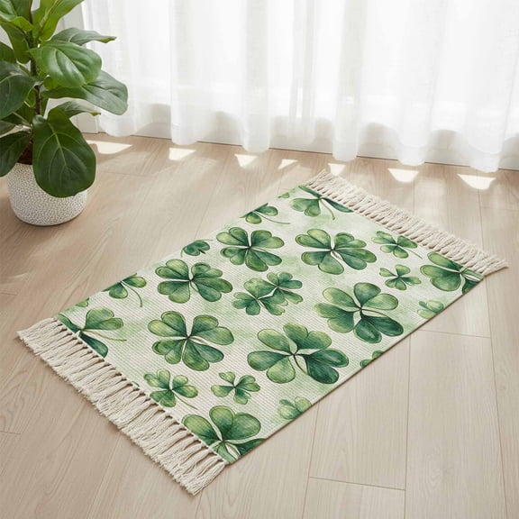 Area Rug with Tassels 2' x 3', Vintage Four-Leaf Irish St. Patrick's Day Kitchen Runner Rug for Hallway Bedroom Throw Rugs, Watercolor Green Soft Door Mat for Bathroom Entrance Living Room