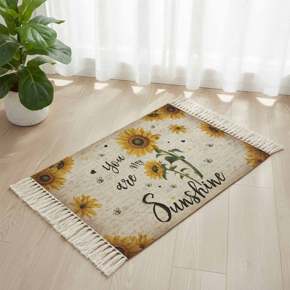 Area Rug with Tassels 2' x 3', Vintage Sunflower Country Leaves Kitchen Runner Rug for Hallway Bedroom Throw Rugs, My Sunshine Quote Soft Door Mat for Bathroom Entrance Living Room