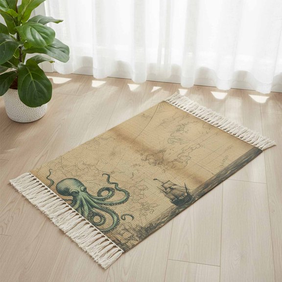 Area Rug with Tassels 2' x 3', Vintage World Map Ocean Octopus Kitchen Runner Rug for Hallway Bedroom Throw Rugs, Nautical Sailing Boat Brown Soft Door Mat for Bathroom Entrance Living Room