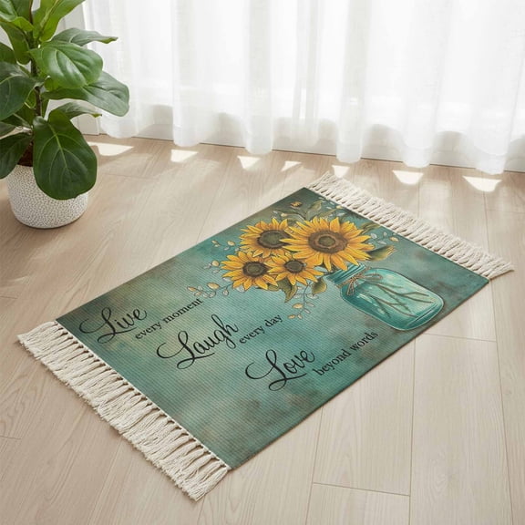 Area Rug with Tassels 2' x 3', Watercolor Blossom Sunflower Bottle Kitchen Runner Rug for Hallway Bedroom Throw Rugs, Encouraging Quote on Retro Soft Door Mat for Bathroom Entrance Living Room