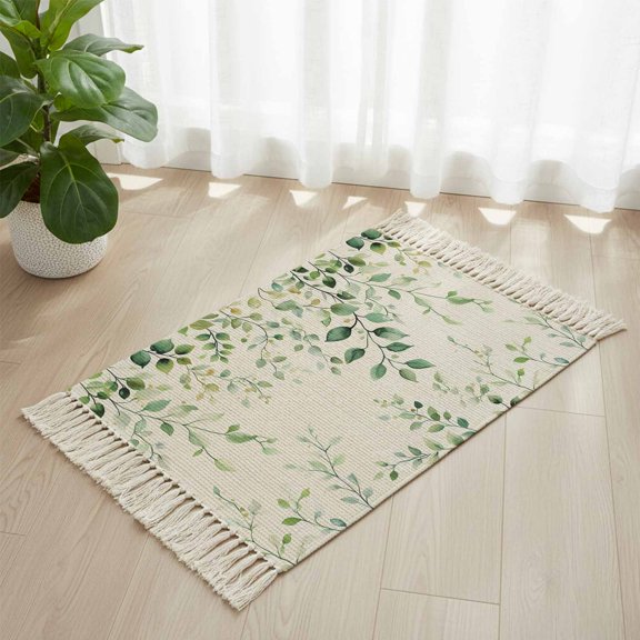 Area Rug with Tassels 2' x 3', Watercolor Eucalyptus Leaf Plant Kitchen Runner Rug for Hallway Bedroom Throw Rugs, Rustic Green Leaves on Flax Soft Door Mat for Bathroom Entrance Living Room