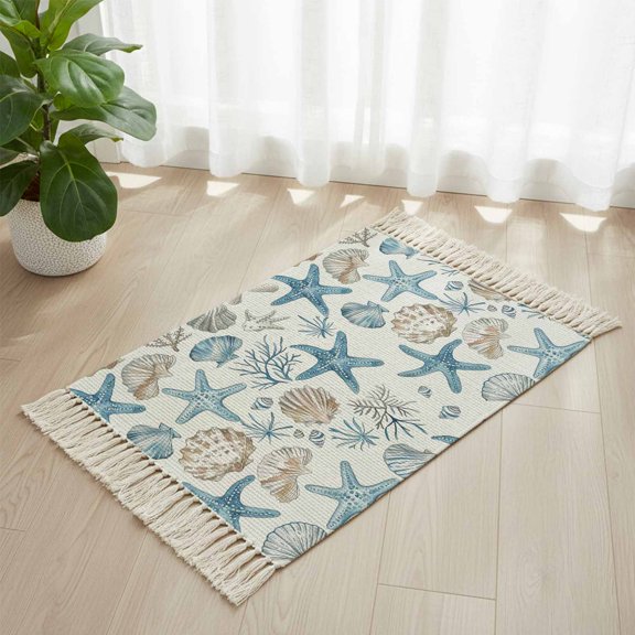 Area Rug with Tassels 2' x 3', Watercolor Marine Starfish Shell Coral Kitchen Runner Rug for Hallway Bedroom Throw Rugs, Undersea World on White Soft Door Mat for Bathroom Entrance Living Room