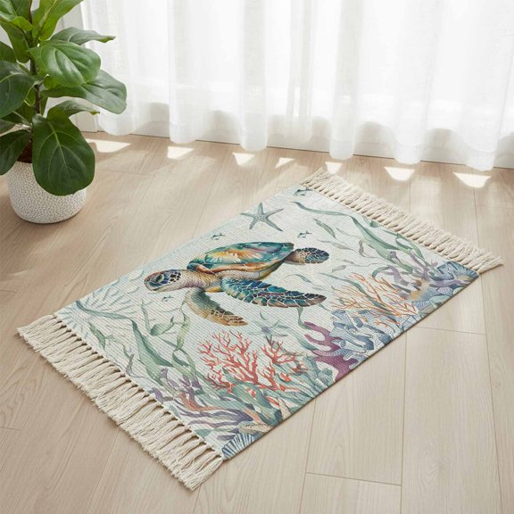 Area Rug with Tassels 2' x 3', Watercolor Sea Turtle Coral Seaweed Kitchen Runner Rug for Hallway Bedroom Throw Rugs, Summer Underwater World Soft Door Mat for Bathroom Entrance Living Room
