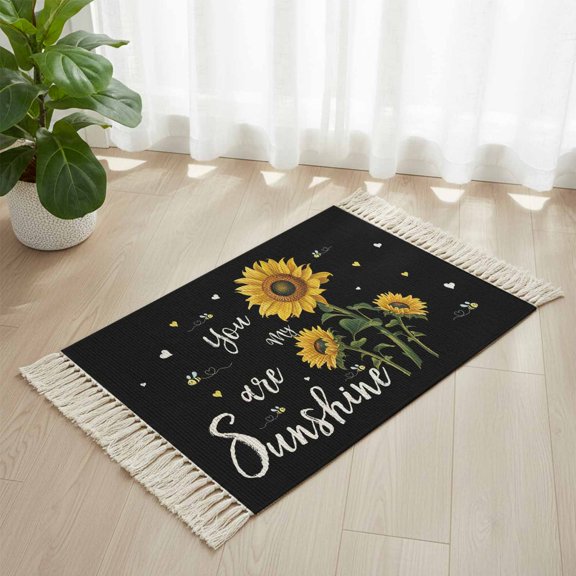 Area Rug with Tassels 2' x 3', Watercolor Sunflower Bee Love Kitchen Runner Rug for Hallway Bedroom Throw Rugs, Sunshine Quote Black Back Soft Door Mat for Bathroom Entrance Living Room