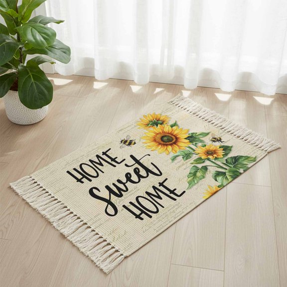 Area Rug with Tassels 2' x 3', Watercolor Sunflower Green Leaves Kitchen Runner Rug for Hallway Bedroom Throw Rugs, Farm Bee Home Quote Soft Door Mat for Bathroom Entrance Living Room