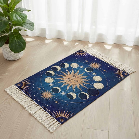 Area Rug with Tassels 2' x 3', White Moon Sun Blue Background Kitchen Runner Rug for Hallway Bedroom Throw Rugs, Funny Universe Stars Soft Door Mat for Bathroom Entrance Living Room