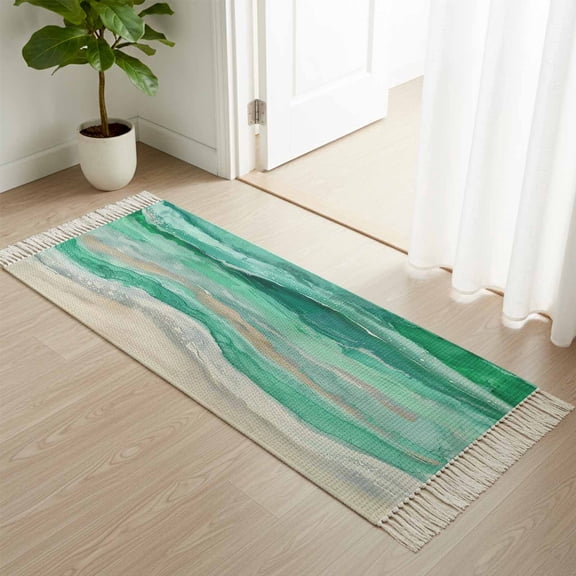 Area Rug with Tassels 2' x 4', Abstract Green Grey Rustic Coastal Wave Kitchen Runner Rug for Hallway Bedroom Throw Rugs, Ombre Stripe Soft Door Mat for Bathroom Entrance Living Room