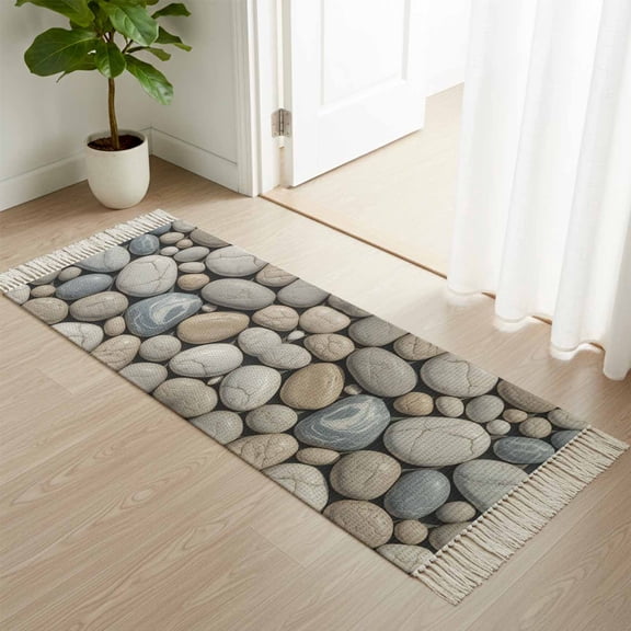 Area Rug with Tassels 2' x 4', Abstract Natural Grey Cobblestone Kitchen Runner Rug for Hallway Bedroom Throw Rugs, Modern Grey Pebble Stone Soft Door Mat for Bathroom Entrance Living Room
