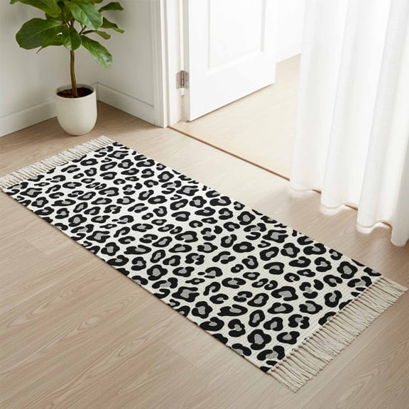 Area Rug with Tassels 2' x 4', Abstract White Black Leopard Kitchen Runner Rug for Hallway Bedroom Throw Rugs, Animal Skin Print Soft Door Mat for Bathroom Entrance Living Room