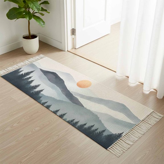 Area Rug with Tassels 2' x 4', Boho Sun Mountains Forest Shadow Kitchen Runner Rug for Hallway Bedroom Throw Rugs, Abstract Geometric Soft Door Mat for Bathroom Entrance Living Room