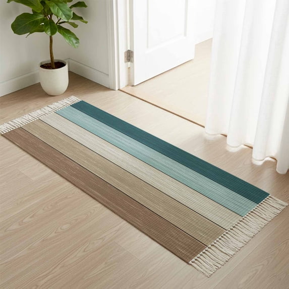 Area Rug with Tassels 2' x 4', Farm Retro Wood Board Gradient Kitchen Runner Rug for Hallway Bedroom Throw Rugs, Farmhouse Barn Brown Teal Plank Soft Door Mat for Bathroom Entrance Living Room