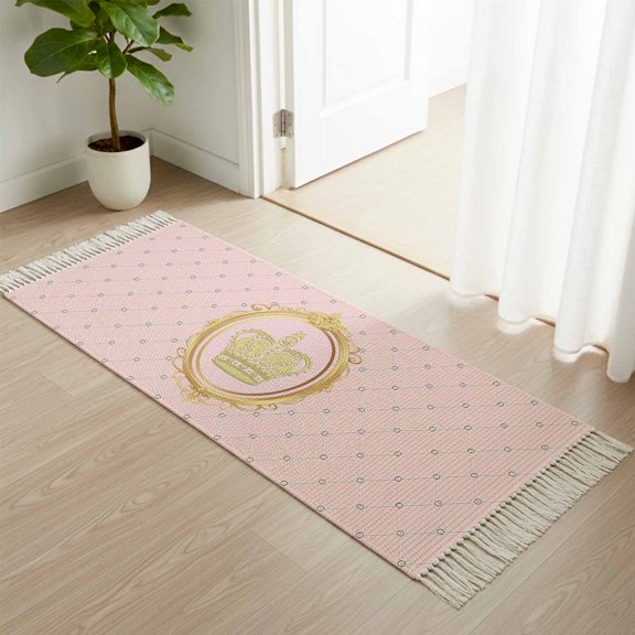 Area Rug with Tassels 2' x 4', Golden Crown Queen Pink Lattice Kitchen Runner Rug for Hallway Bedroom Throw Rugs, White Dot Soft Door Mat for Bathroom Entrance Living Room
