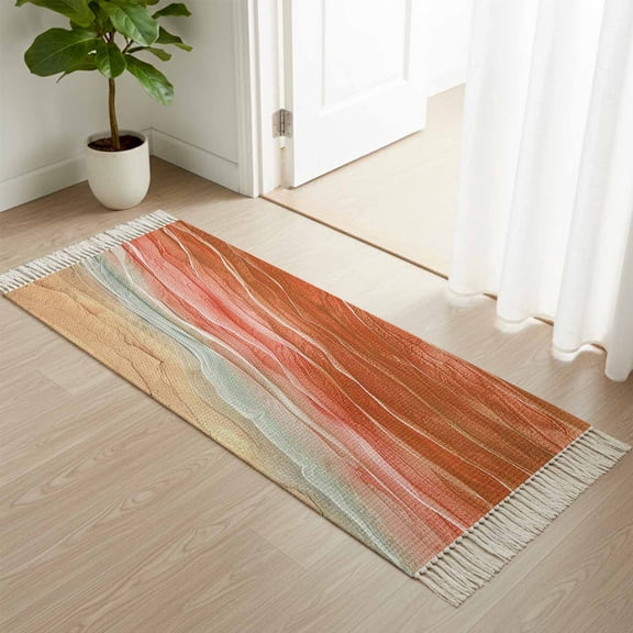 Area Rug with Tassels 2' x 4', Gradient Orange Ocean Beach Wave Kitchen Runner Rug for Hallway Bedroom Throw Rugs, Abstract Seaside Sea View Artwork Soft Door Mat for Bathroom Entrance Living Room