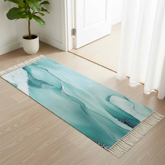 Area Rug with Tassels 2' x 4', Gradient Teal Marble Texture Kitchen Runner Rug for Hallway Bedroom Throw Rugs, Modern Watercolor Wave Soft Door Mat for Bathroom Entrance Living Room