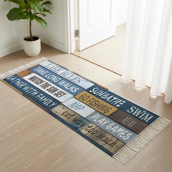 Area Rug with Tassels 2' x 4', Lake Rules Farm Blue Wood Board Kitchen Runner Rug for Hallway Bedroom Throw Rugs, Quote Wooden Grain Soft Door Mat for Bathroom Entrance Living Room