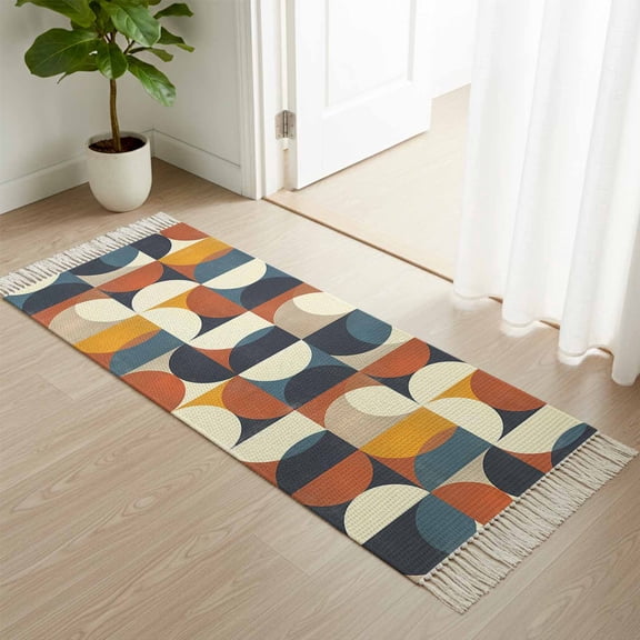 Area Rug with Tassels 2' x 4', Mid Century Color Block Circle Abstract Geometric Kitchen Runner Rug for Hallway Bedroom Throw Rugs, Retro Nordic Style Soft Door Mat for Bathroom Entrance Living Room