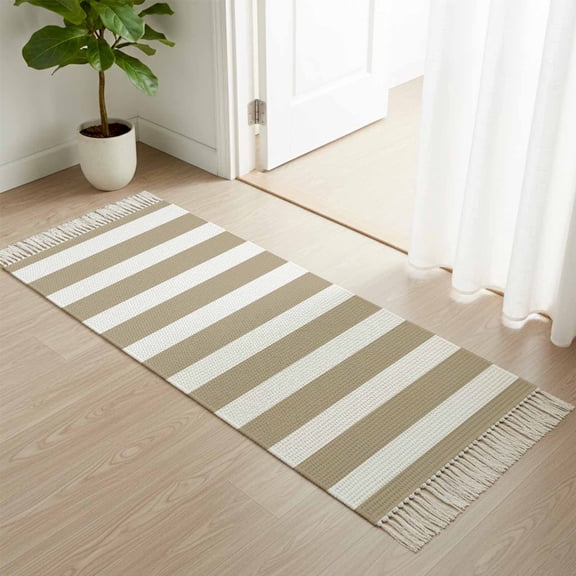 Area Rug with Tassels 2' x 4', Modern Minimalist Stripe Art Kitchen Runner Rug for Hallway Bedroom Throw Rugs, Khaki and White Line Soft Door Mat for Bathroom Entrance Living Room