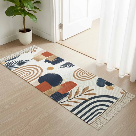 Area Rug with Tassels 2' x 4', Nordic Abstract Leaves Arch Sun Kitchen Runner Rug for Hallway Bedroom Throw Rugs, Terracotta Aesthetic Color Block Soft Door Mat for Bathroom Entrance Living Room