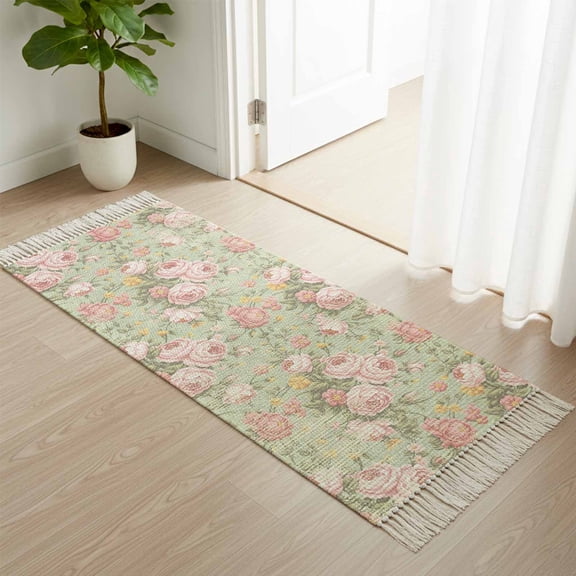 Area Rug with Tassels 2' x 4', Pink Rose Classic Flower Kitchen Runner Rug for Hallway Bedroom Throw Rugs, Leaves Plant Sage Green Soft Door Mat for Bathroom Entrance Living Room